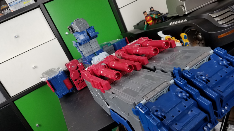 Pictured here: Flying fortress mode, possibly in a race with the Batmobile.